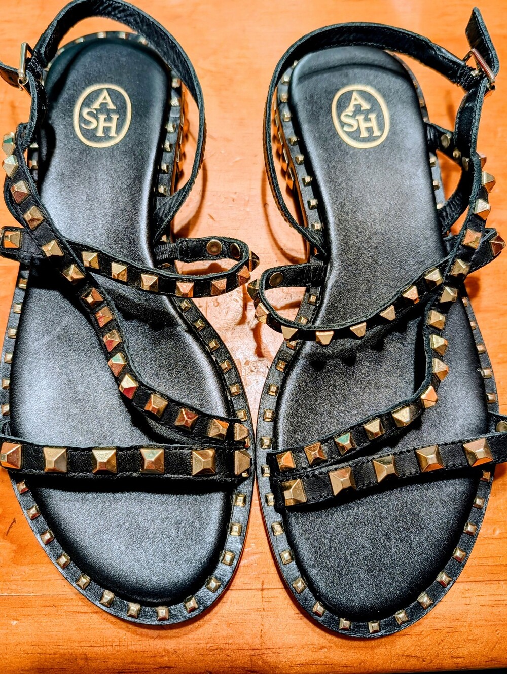 ASH Black Leather Studded Strappy Sandals with Gold Accents Size 6-6.5
